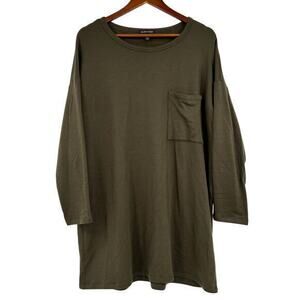 Eileen Fisher olive green pullover sweater dress tunic top chest pocket medium